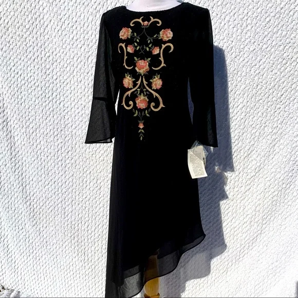 Vintage Dresses | Stunning Nwt Vintage Beaded Floral Embroidered Asymmetrical Midi Dress Dillards | Color: Black/Pink | Size: 6p | Yourex_Bestie's